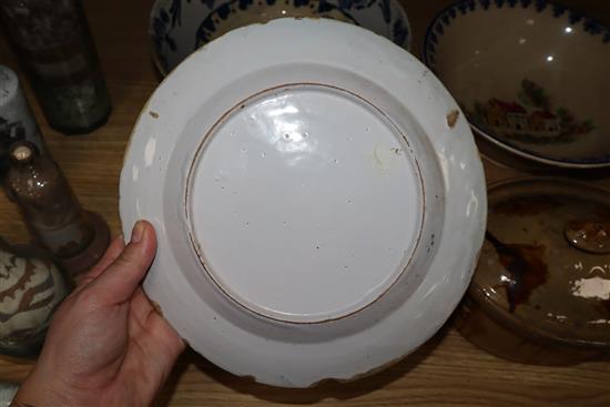 An English Delft plate, a Delft bowl and other items